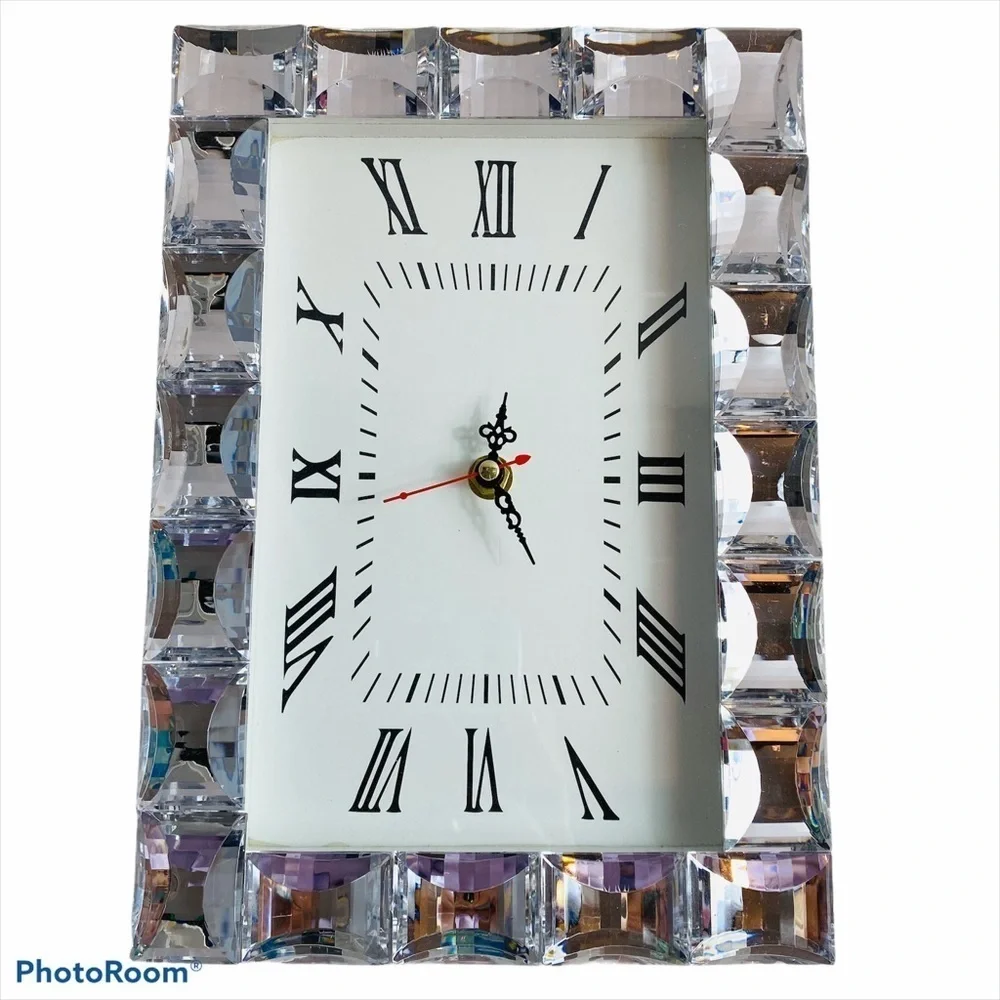 Modern Crystal-Edge Contemporary Clock Silver & White Luxe Home Decor